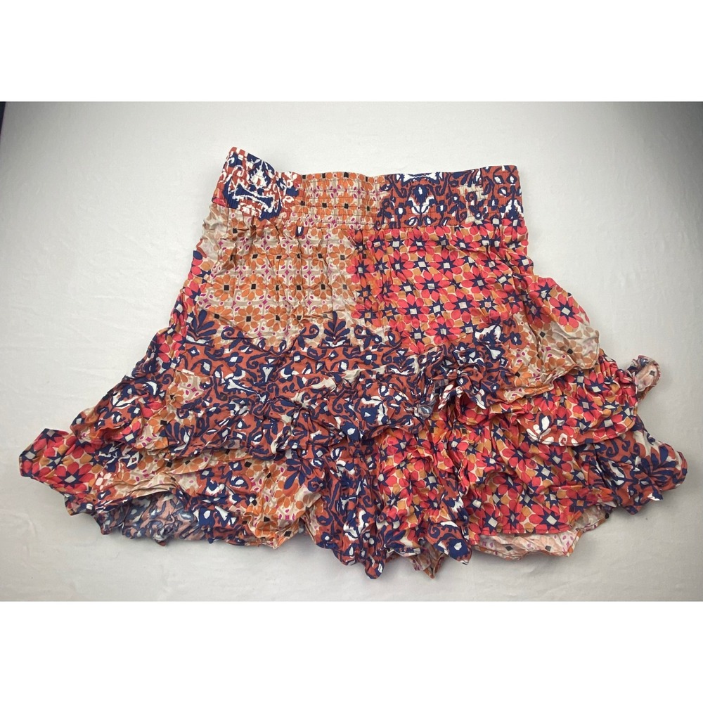 Cabi Mosaic Print Ruffle Mini Skirt Small Smocked Waist Tiered Boho Viscose 5053